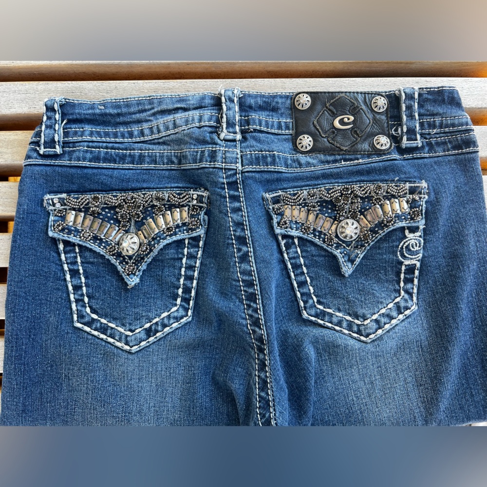 Blue Boot Cut Jeans with Decorative Stitching & Embellishments